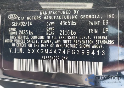 2015 Kia Optima Lx z USA, uszkodzony, nr VIN 5XXGM4A74FG399413